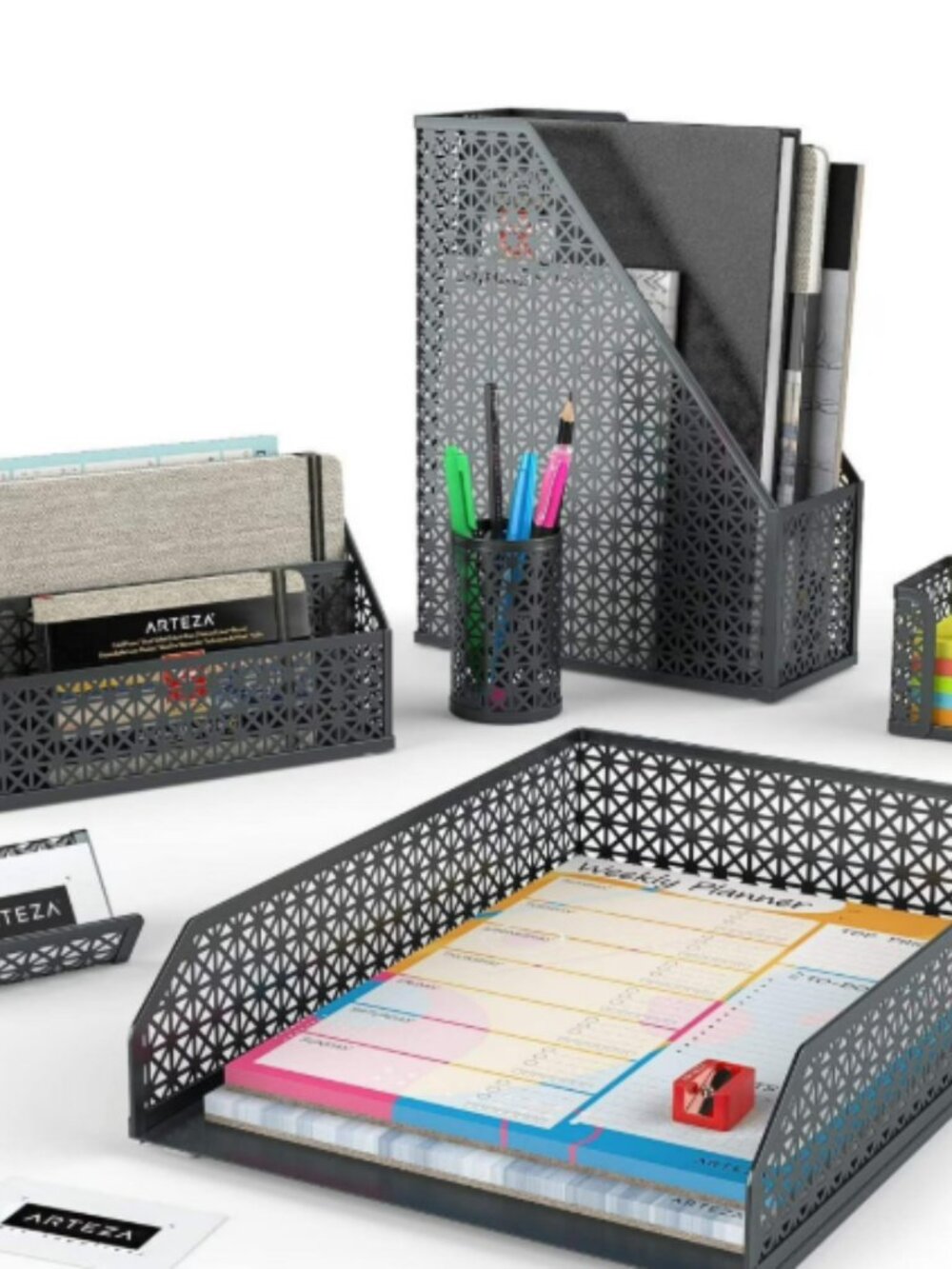New Arteza 6-Piece Decorative Desk Organizer Accessory Storage Metal Set, Gray